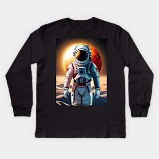 Spaceman astronaut with a red moon behind Kids Long Sleeve T-Shirt